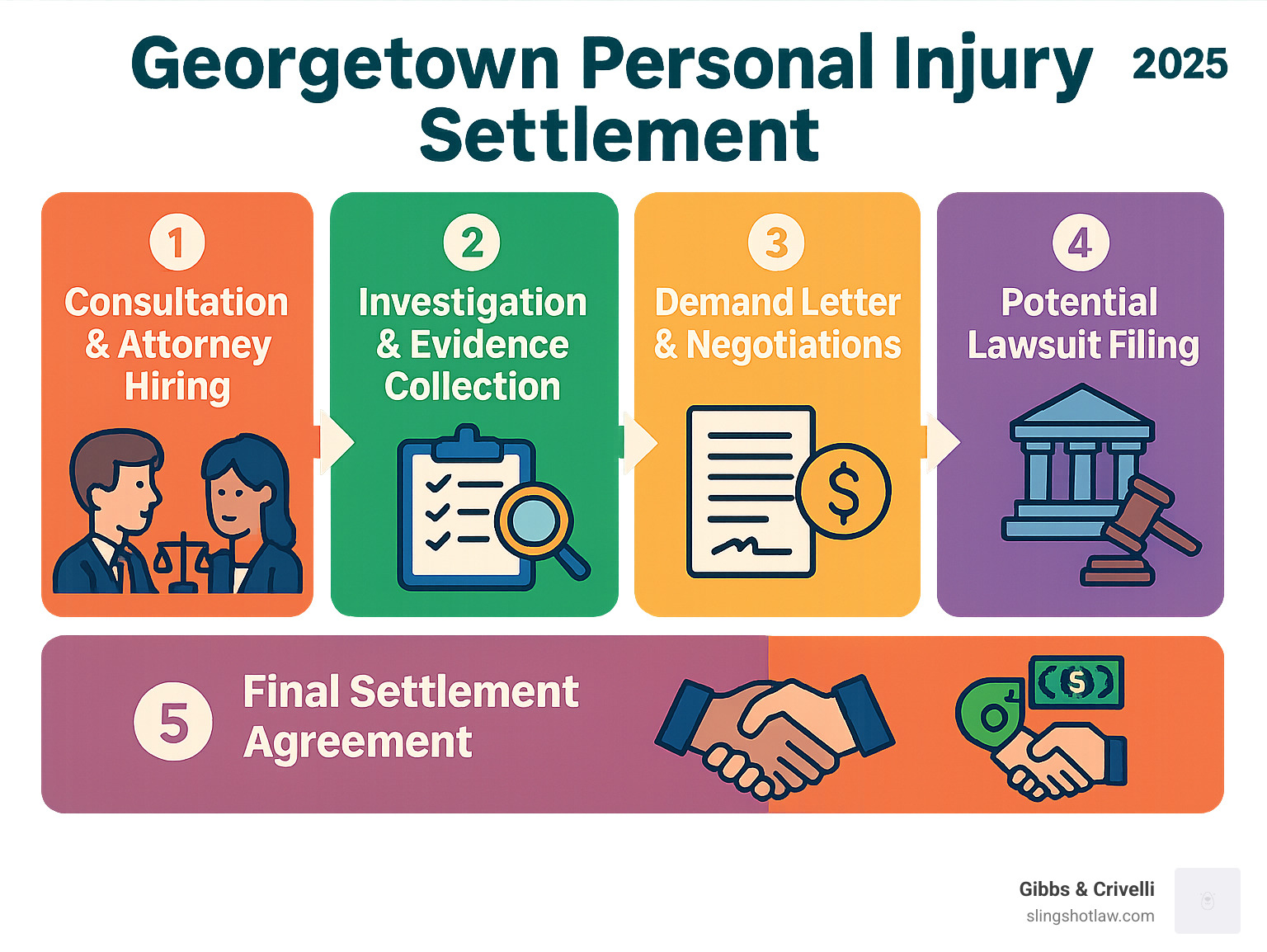 Infographic showing the 5 main stages of Georgetown personal injury settlement process: consultation and attorney hiring, investigation and evidence collection, demand letter and negotiations, potential lawsuit filing, and final settlement agreement with payment - Georgetown personal injury settlement infographic 