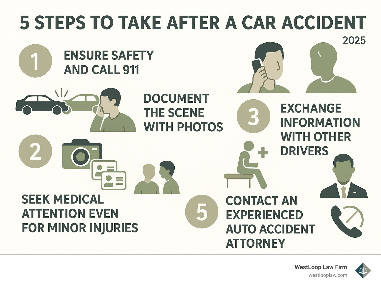 Infographic showing the 5 immediate steps after a car accident: 1. Ensure safety and call 911, 2. Document the scene with photos, 3. Exchange information with other drivers, 4. Seek medical attention even for minor injuries, 5. Contact an experienced auto accident attorney before speaking to insurance companies - good auto accident attorney infographic 