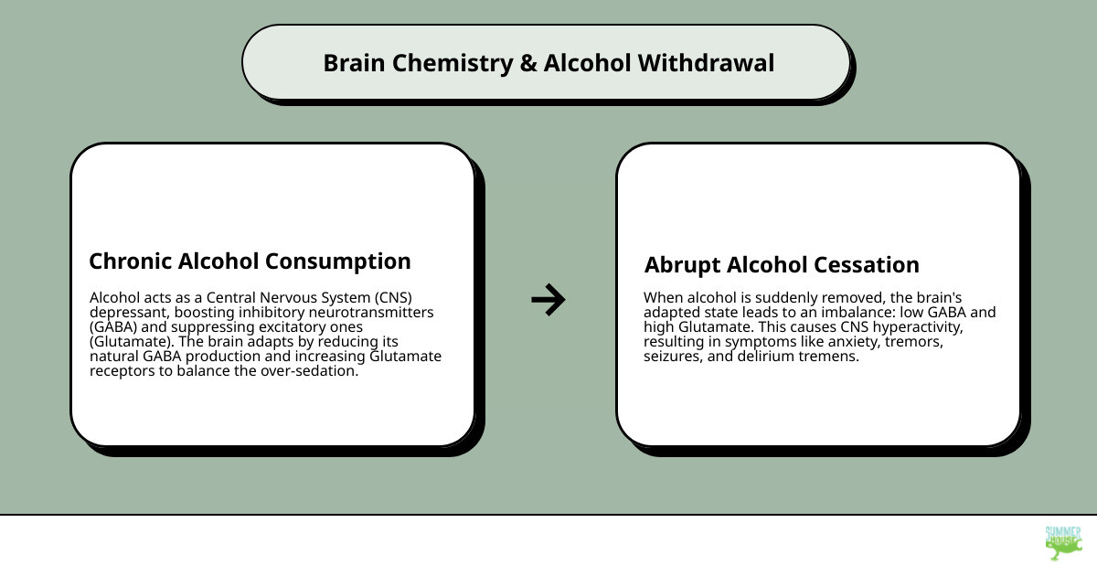 Detailed infographic showing the brain's neurotransmitter activity during alcohol withdrawal, illustrating how GABA and glutamate levels change when alcohol is removed, causing central nervous system hyperactivity and resulting withdrawal symptoms - alcohol detox symptoms infographic cause_effect_text