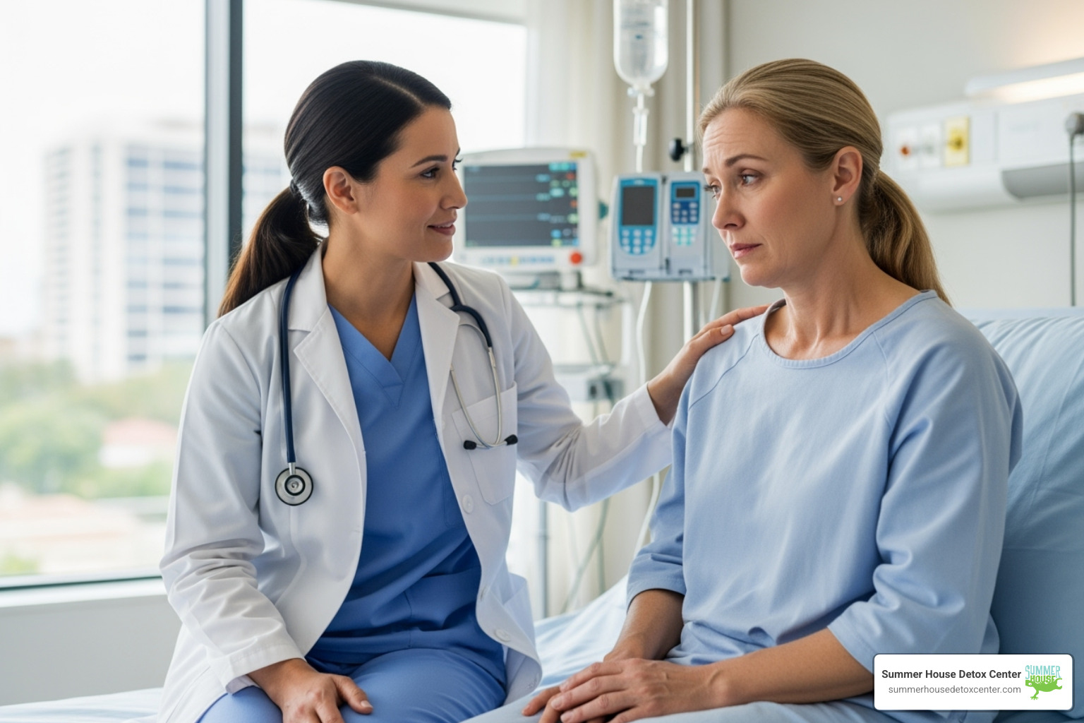 A medical professional reassuring a patient - alcohol detox symptoms