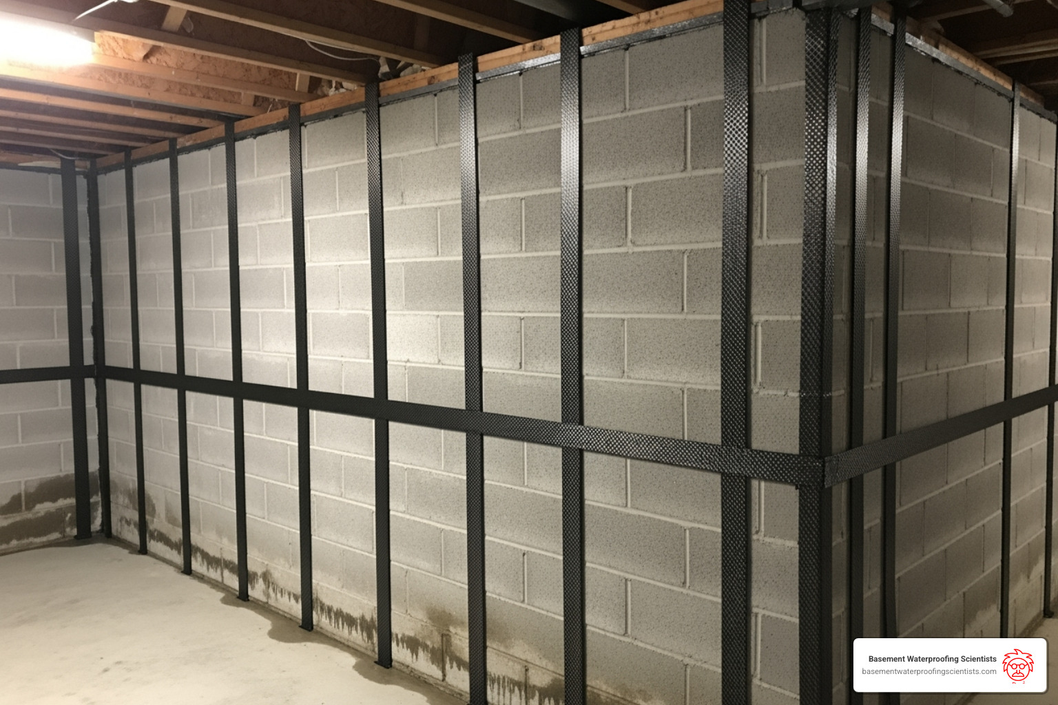 carbon fiber straps reinforcing a cinder block wall - cinder block foundation