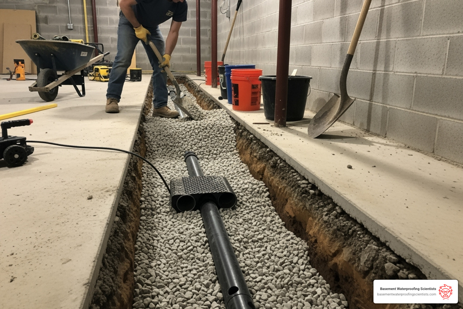 interior drainage system being installed - cinder block foundation