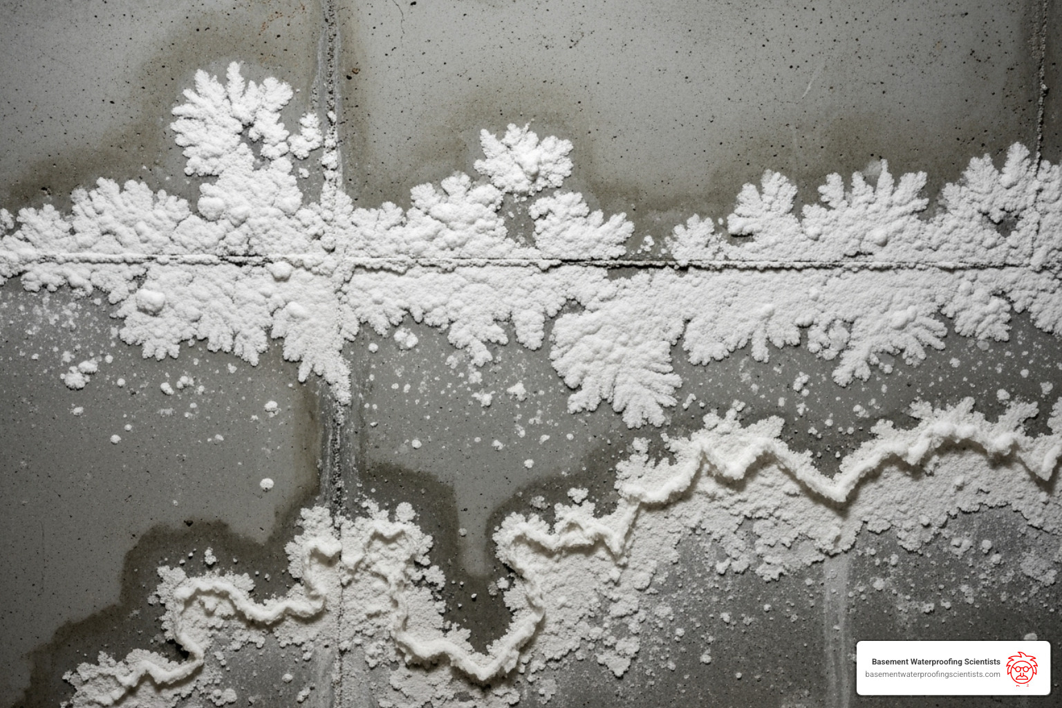 white, powdery efflorescence on a basement wall - cinder block foundation