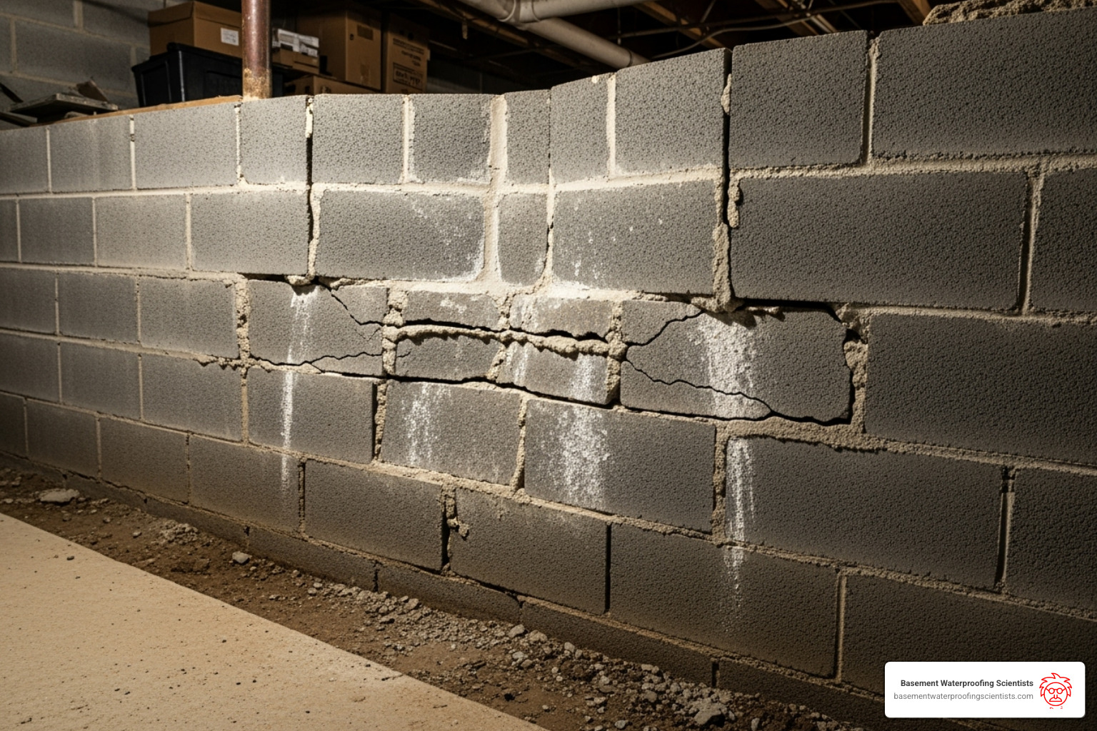 Bowing cinder block wall with visible cracks - cinder block foundation
