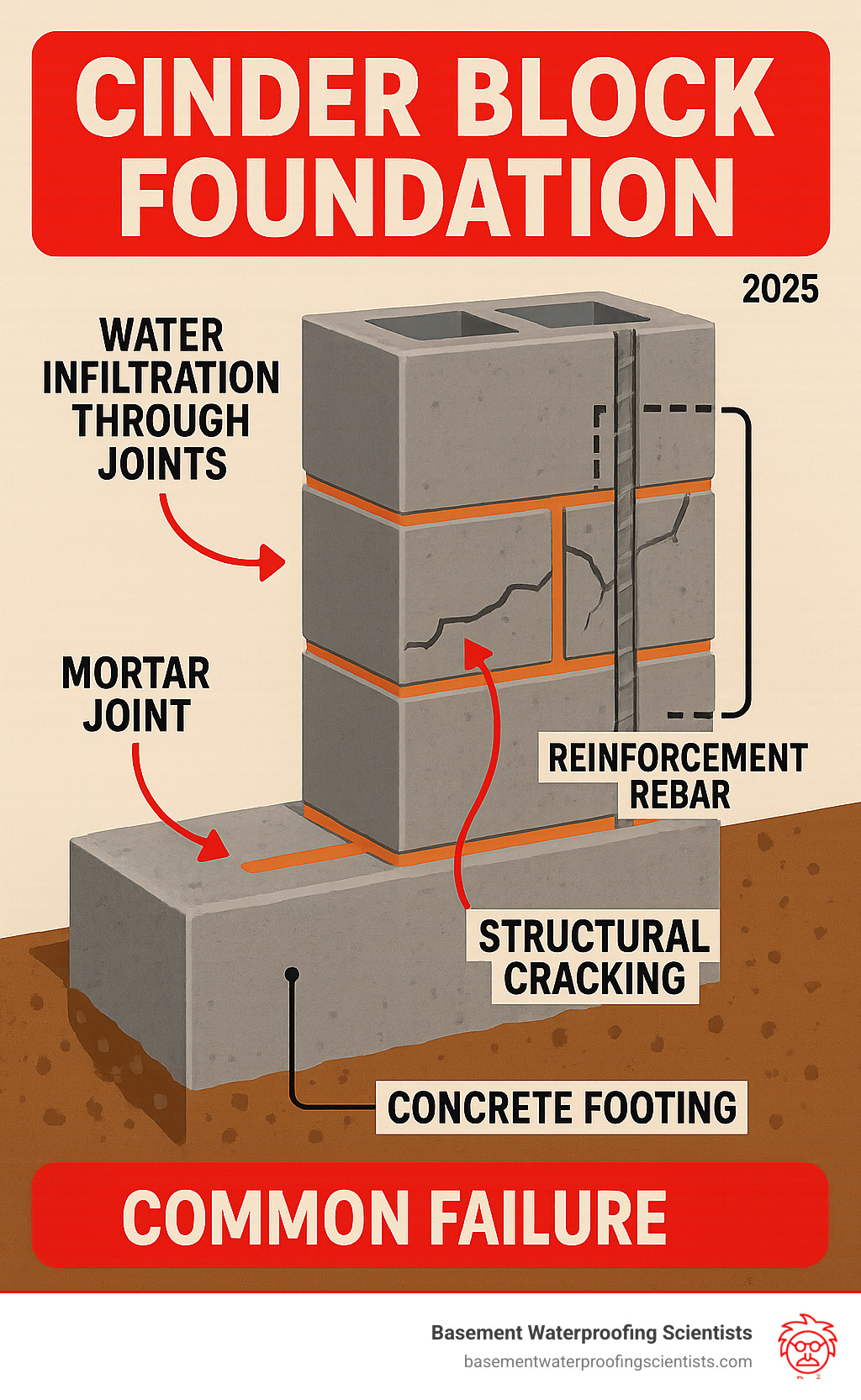 Detailed infographic showing cross-section of cinder block foundation construction including concrete footing, mortar joints, reinforcement rebar, and common failure points like water infiltration through joints and structural cracking patterns - cinder block foundation infographic 