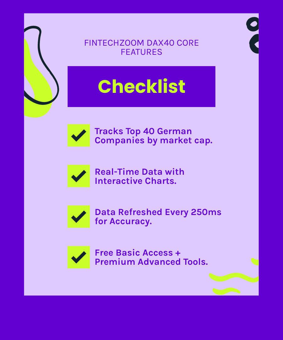 Infographic showing DAX40 composition breakdown by sector including automotive 15%, technology 20%, finance 18%, chemicals 12%, healthcare 10%, consumer goods 8%, utilities 7%, telecommunications 5%, and other sectors 5% - fintechzoom.com dax40 infographic checklist-fun-neon
