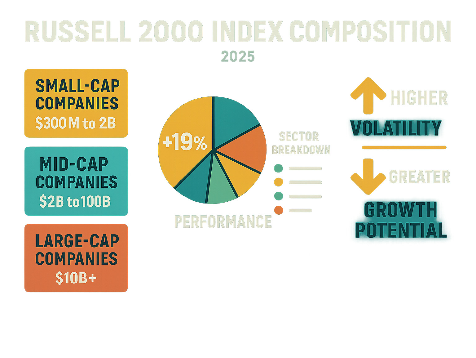 Comprehensive infographic showing Russell 2000 index composition with small-cap companies ($300M-$2B market cap), mid-cap companies ($2B-$10B), and large-cap companies ($10B+), including performance metrics, sector breakdowns, and key differences in volatility and growth potential - fintechzoom.com russell 200 infographic 