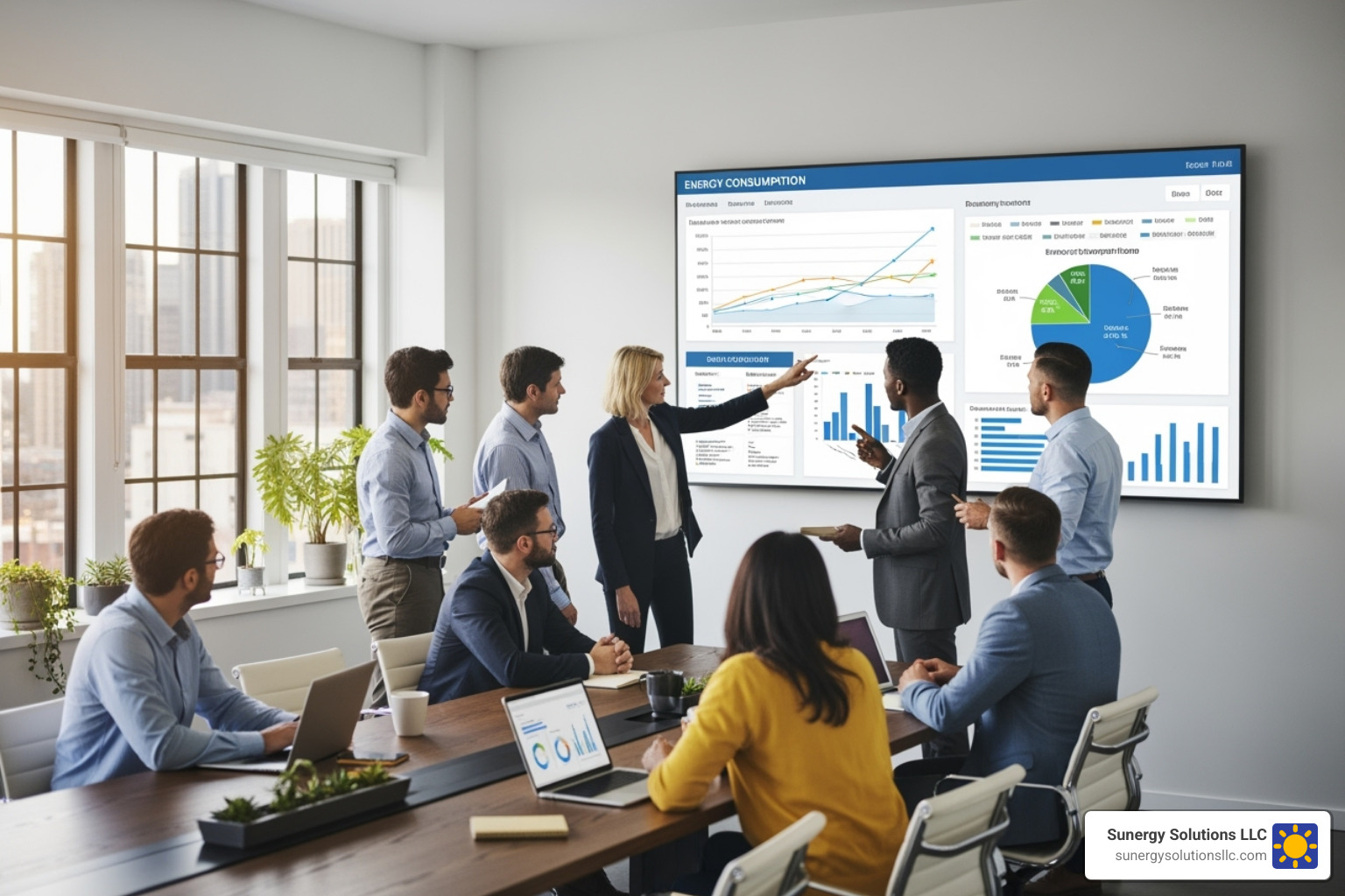 diverse group of professionals in a modern US office collaborating around a screen showing energy savings data - commercial energy management solutions
