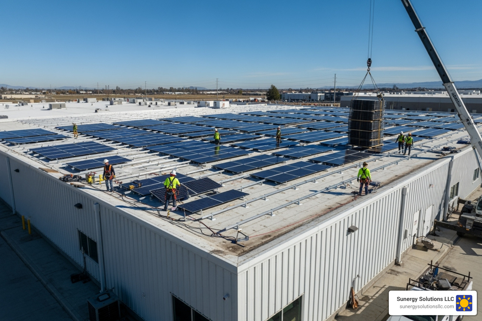 solar panels being installed on a large commercial warehouse in the United States - commercial energy management solutions