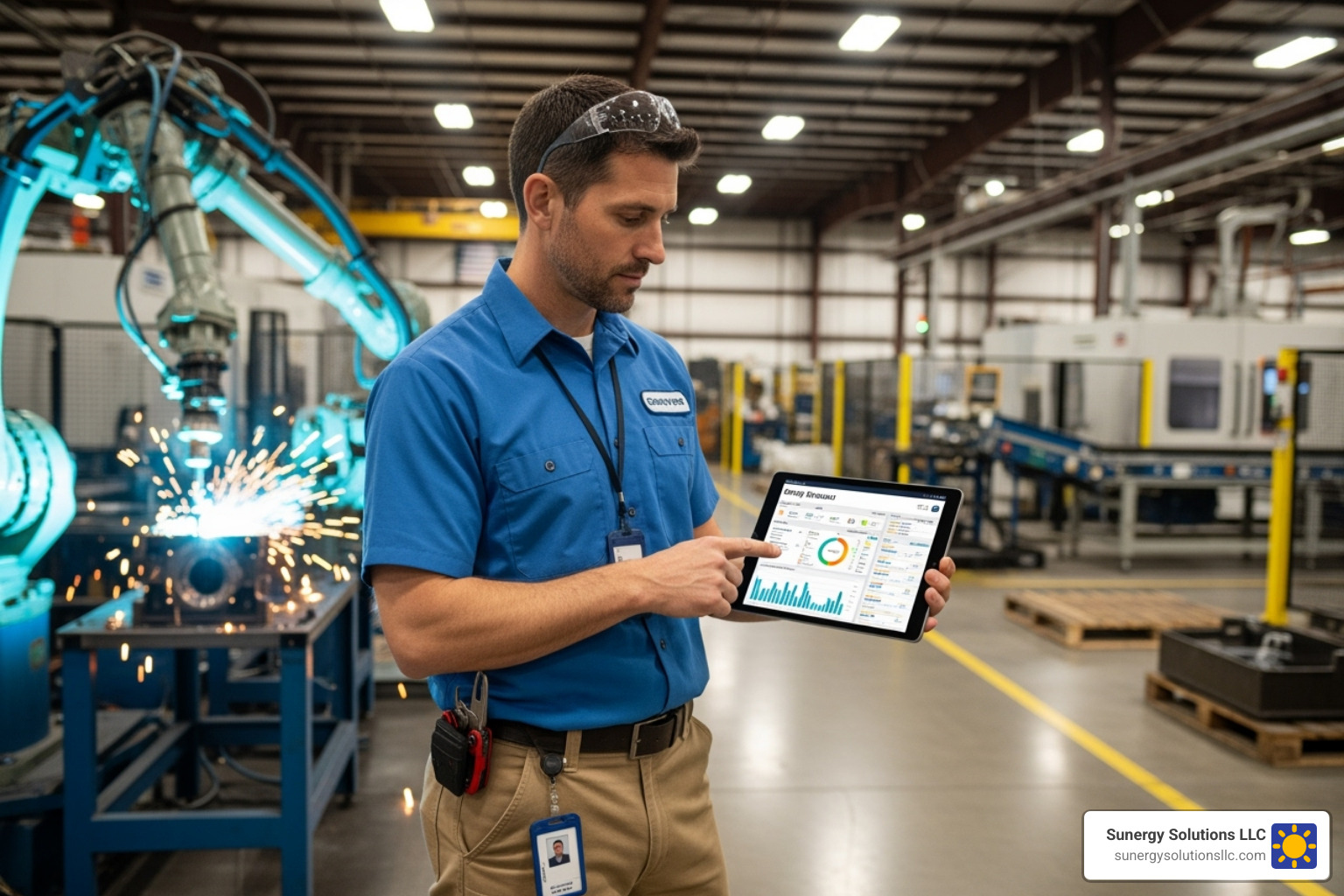 facility manager in a US-based manufacturing plant reviewing an energy dashboard on a tablet - commercial energy management solutions