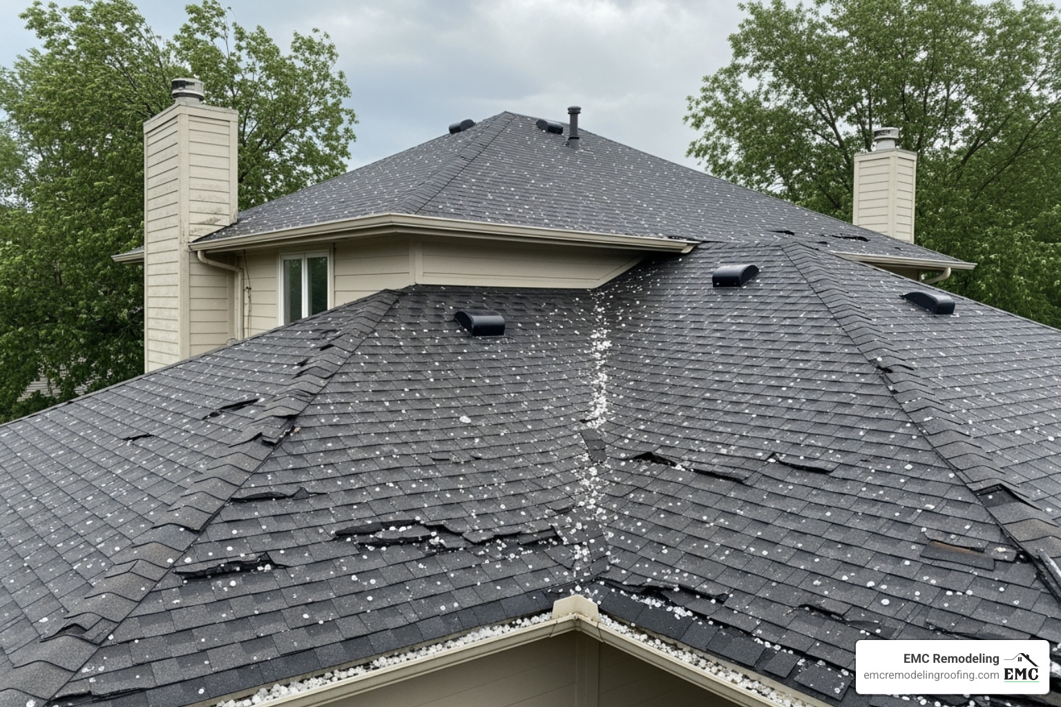 roof with significant hail damage - 24/7 emergency services