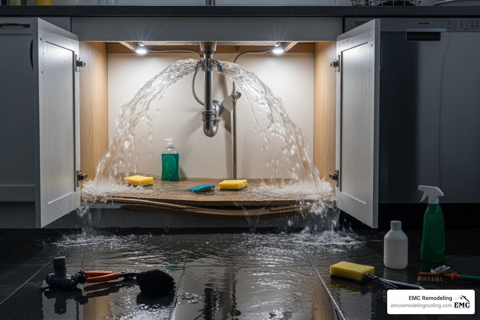 burst pipe under a sink causing flooding - 24/7 emergency services