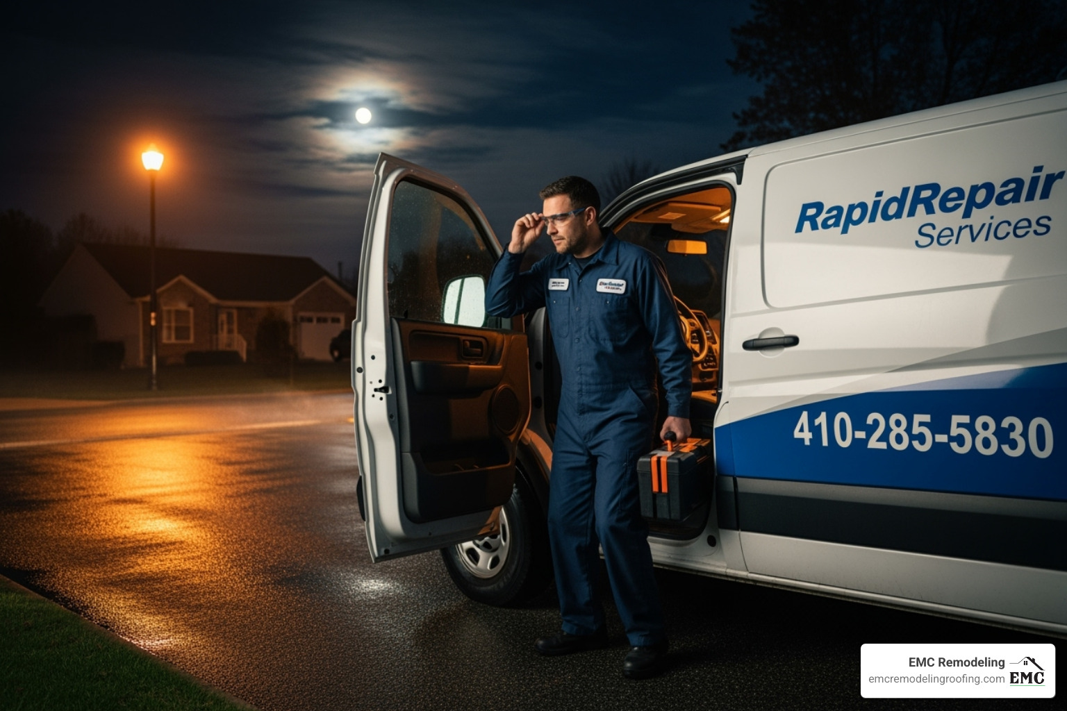 technician arriving in a branded vehicle at night - 24/7 emergency services