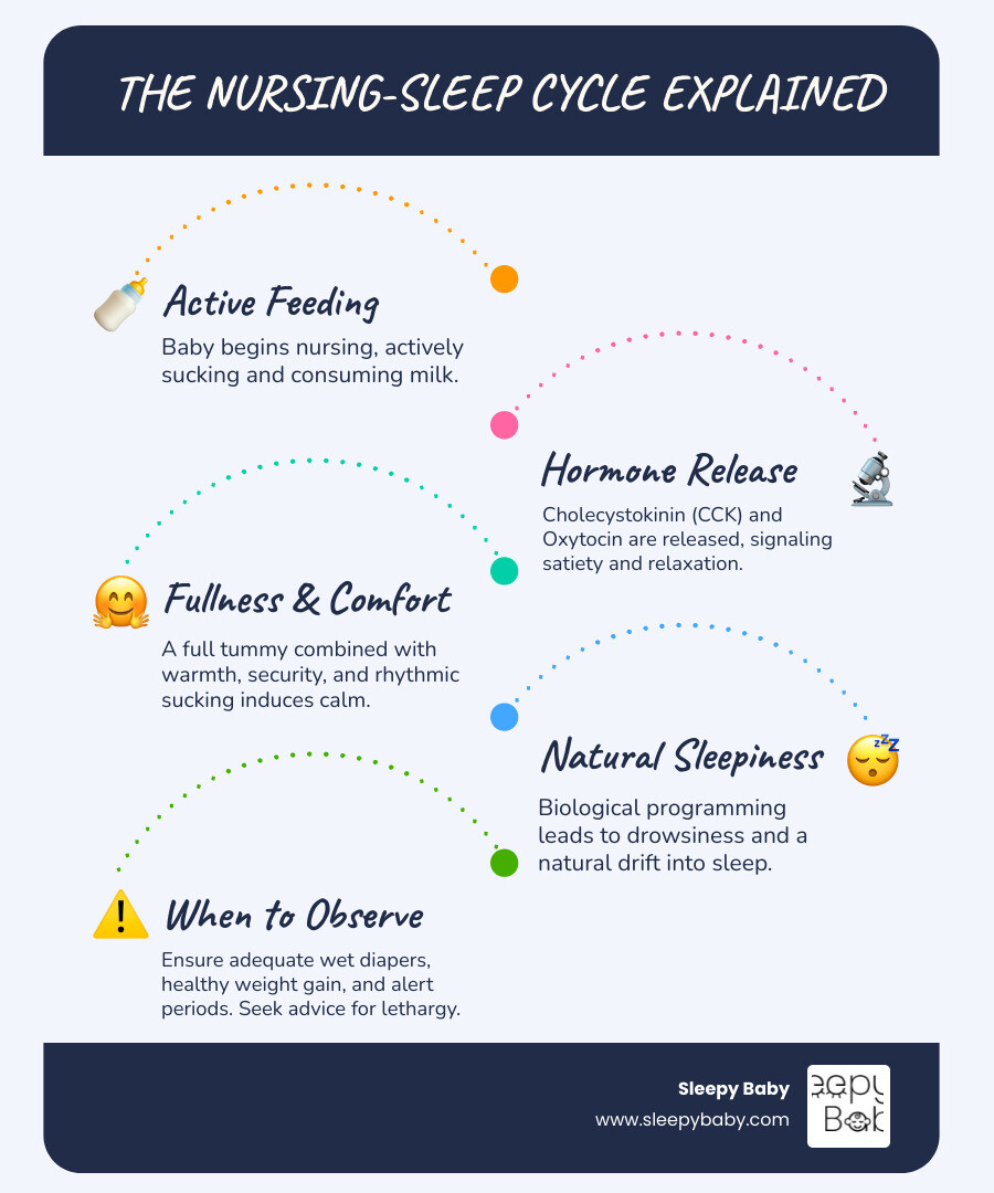 Infographic showing the cycle of baby nursing, hormone release (CCK and oxytocin), feeling of fullness and security, leading to natural sleepiness, with indicators for when this is normal versus concerning - baby falls asleep while nursing infographic infographic-line-5-steps-blues-accent_colors