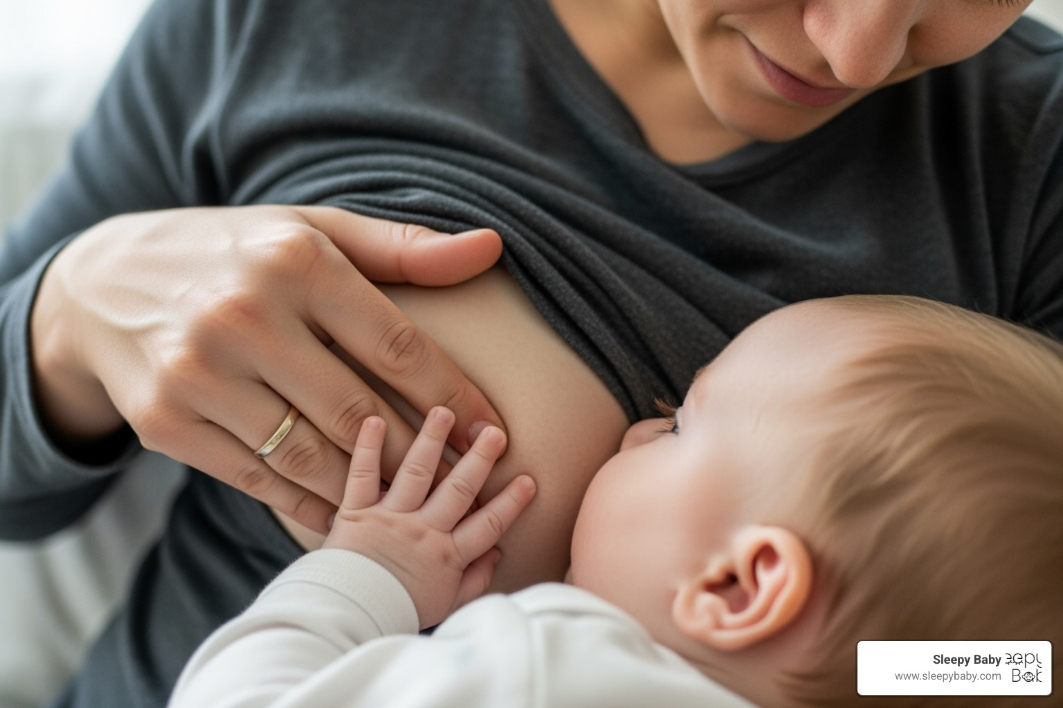 A parent gently performing breast compressions to encourage milk flow during a nursing session - baby falls asleep while nursing