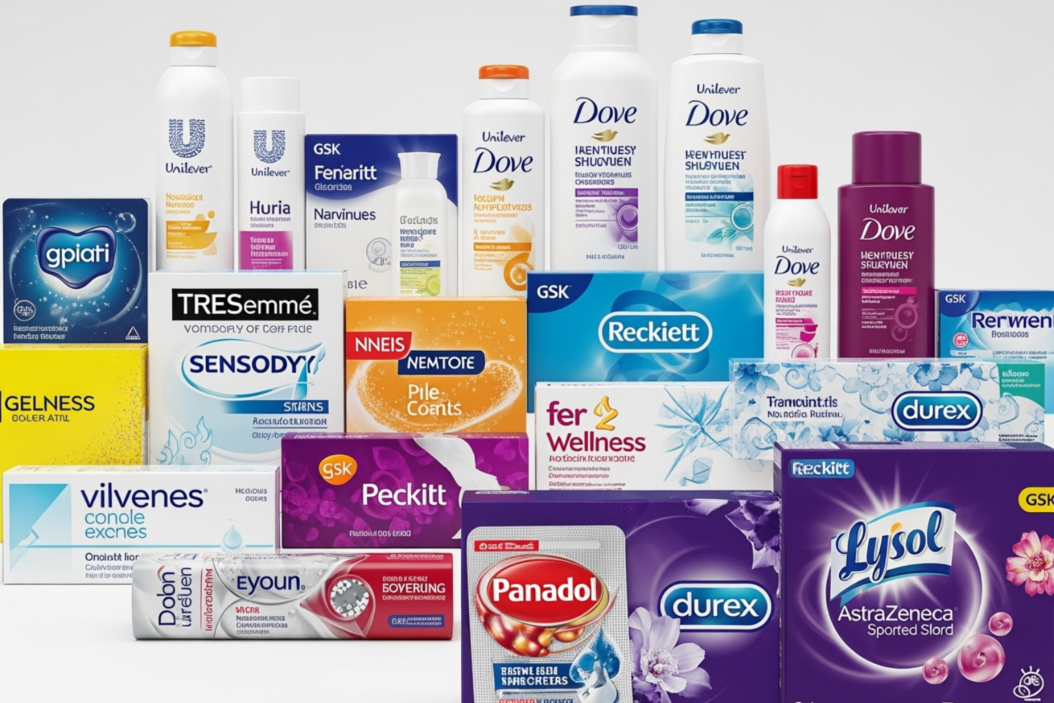 A collage of well-known consumer wellness and beauty product logos from FTSE 100 companies including Unilever, GSK, Reckitt, and AstraZeneca - fintechzoom.com ftse 100