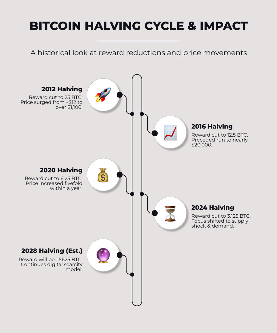 Comprehensive infographic showing Bitcoin halving timeline from 2012 to 2028, displaying block reward reductions from 50 BTC to 3.125 BTC, with corresponding price impacts and key market events after each halving - fintechzoom.com bitcoin halving infographic infographic-line-5-steps-neat_beige