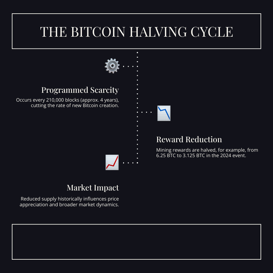 Bitcoin halving cycle showing the four-year pattern of reward reductions from 50 BTC in 2009 to 3.125 BTC in 2024, with corresponding price increases and market impacts - fintechzoom.com bitcoin halving infographic infographic-line-3-steps-dark