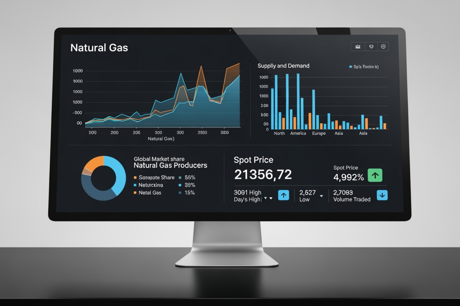 The FintechZoom.com natural gas dashboard on a desktop monitor showing various charts and data points - fintechzoom.com natural gas