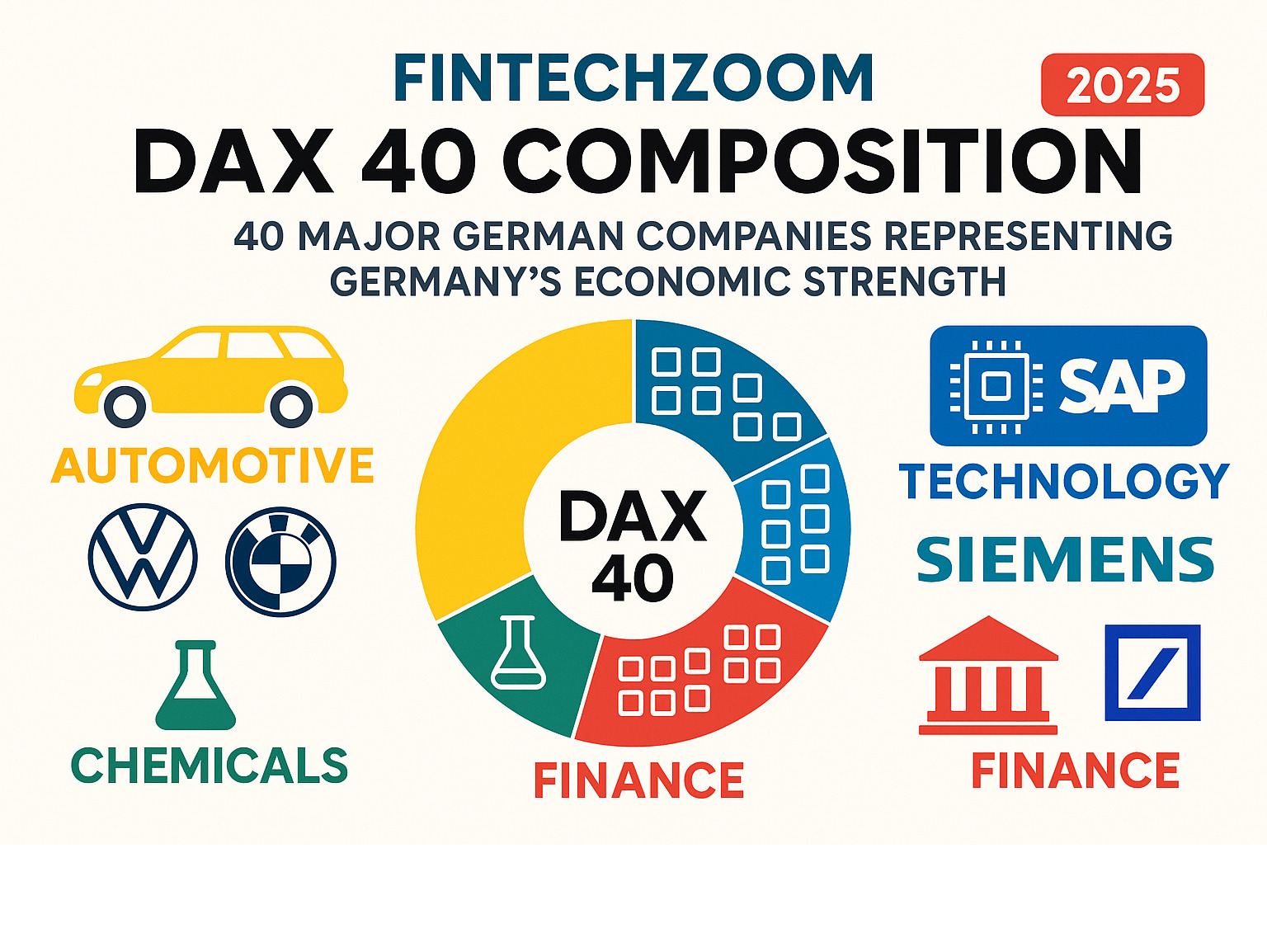 Infographic showing DAX 40 composition with 40 major German companies across key sectors including automotive (Volkswagen, BMW), technology (SAP, Siemens), chemicals (BASF), and finance (Allianz, Deutsche Bank), representing Germany's economic strength - fintechzoom.com dax40 infographic 