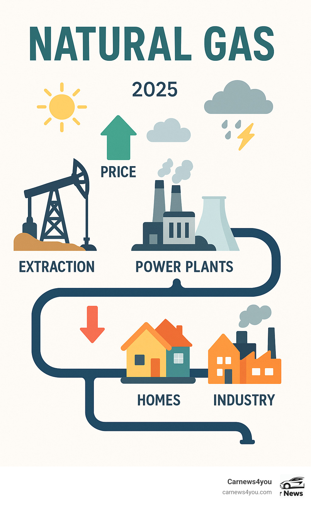 Infographic showing natural gas flowing from extraction sites through pipelines to power plants, homes, and industrial facilities, with price indicators and weather symbols affecting market conditions - natural gas infographic Infographic showing natural gas flowing from extraction sites through pipelines to power plants, homes, and industrial facilities, with price indicators and weather symbols affecting market conditions - natural gas infographic