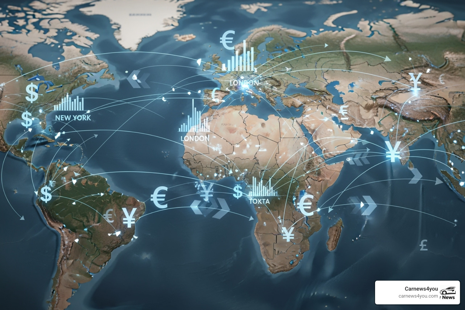 of a world map with interconnected financial symbols