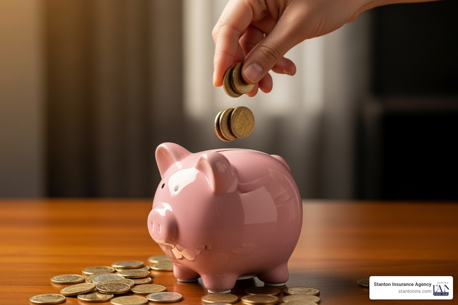 A piggy bank with coins being dropped into it, symbolizing savings - non stacked uninsured motorist