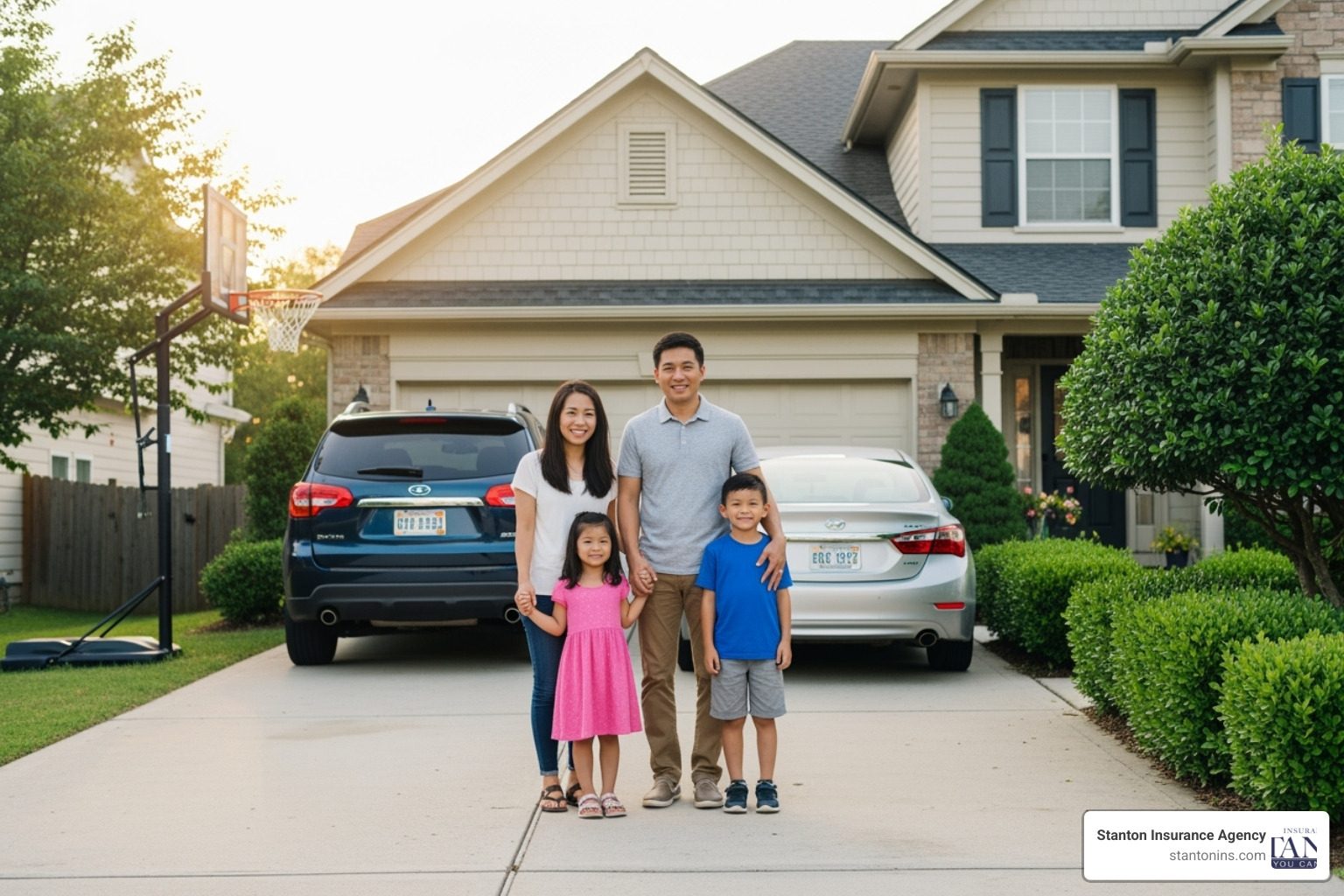A family standing in front of their two cars in a driveway, symbolizing family protection and multiple vehicles - non stacked uninsured motorist