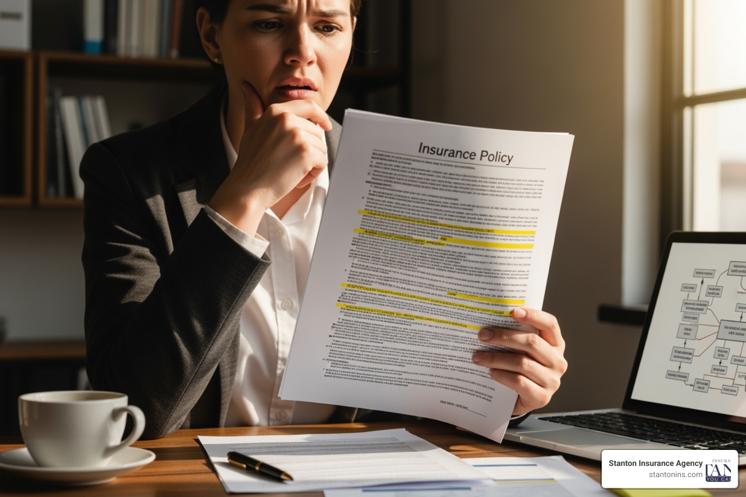 A person looking confused while reading an insurance policy document, highlighting the complexity of insurance terms - non stacked uninsured motorist