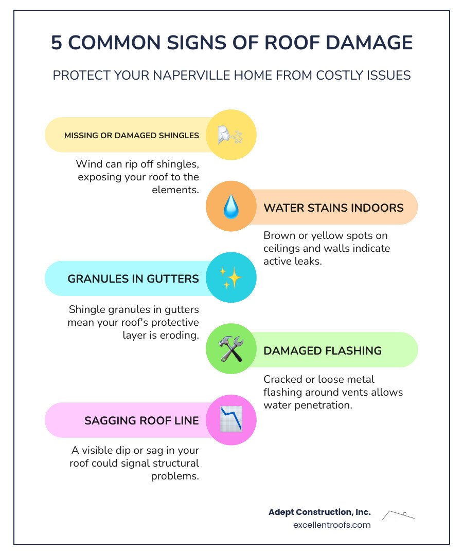 Infographic showing the 5 most common signs of roof damage: missing or damaged shingles, water stains on ceilings, granules in gutters, damaged flashing around chimneys and vents, and sagging roof areas - roof damage repair naperville infographic infographic-line-5-steps-colors