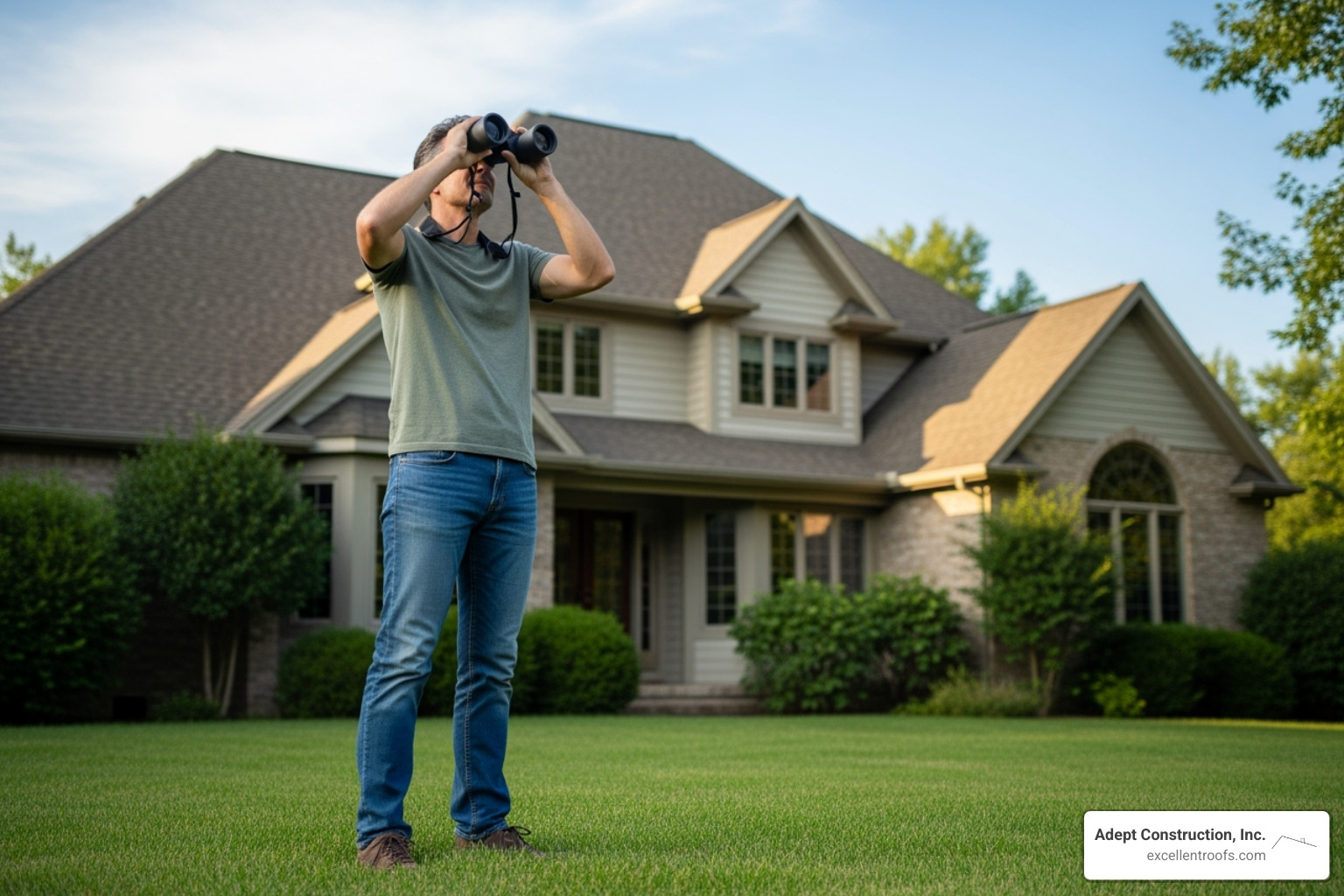 a homeowner safely inspecting their roof from the ground with binoculars - roof damage repair naperville