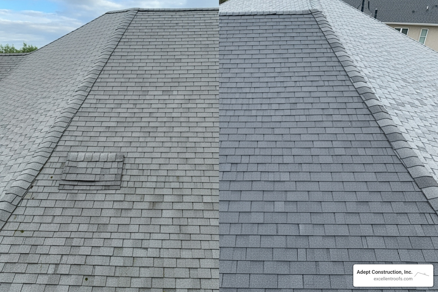 split view of a minor shingle repair versus a full roof replacement - roof damage repair naperville