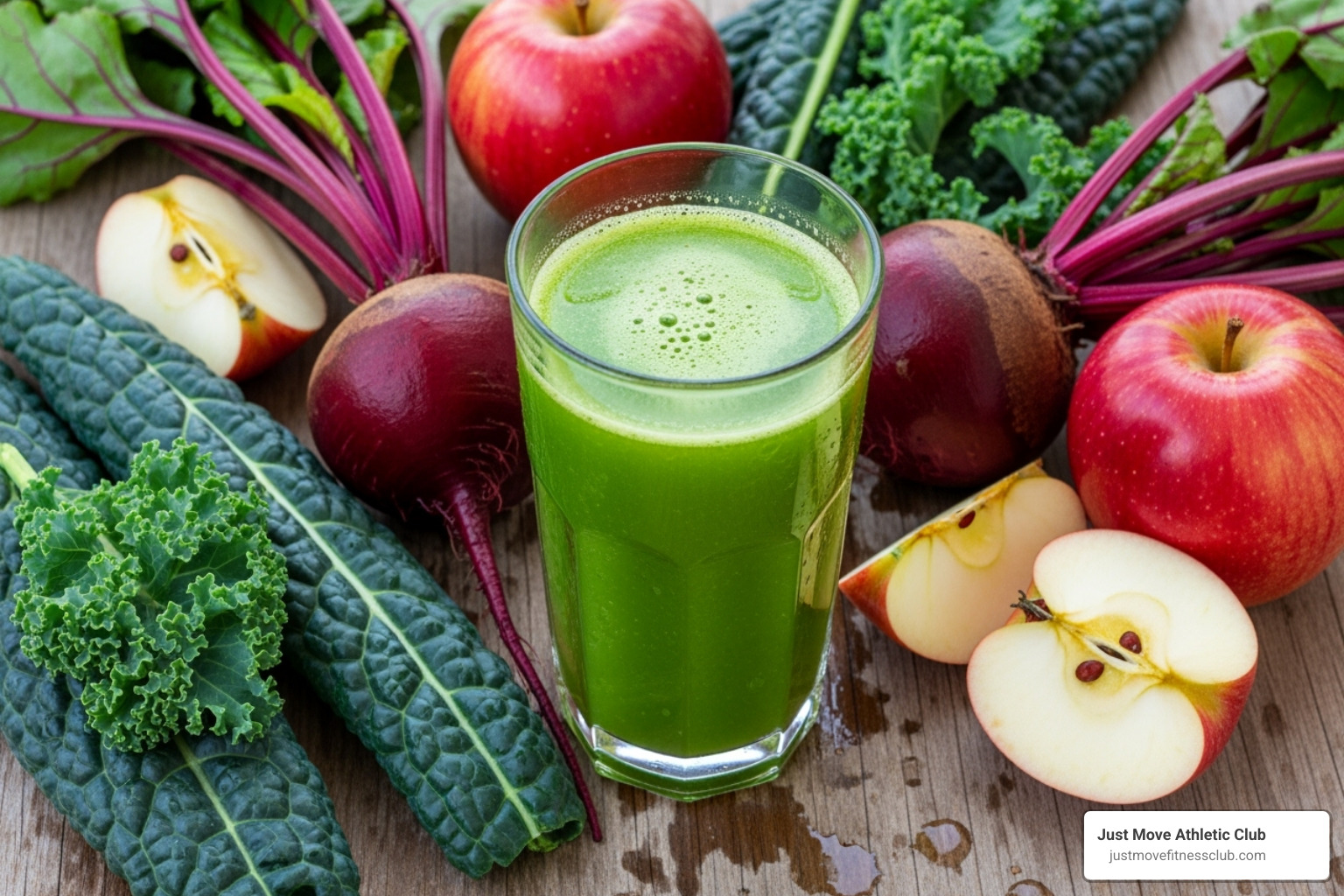 Image of fresh fruits and vegetables like kale, beets, and apples next to a glass of juice - Fresh pressed juices