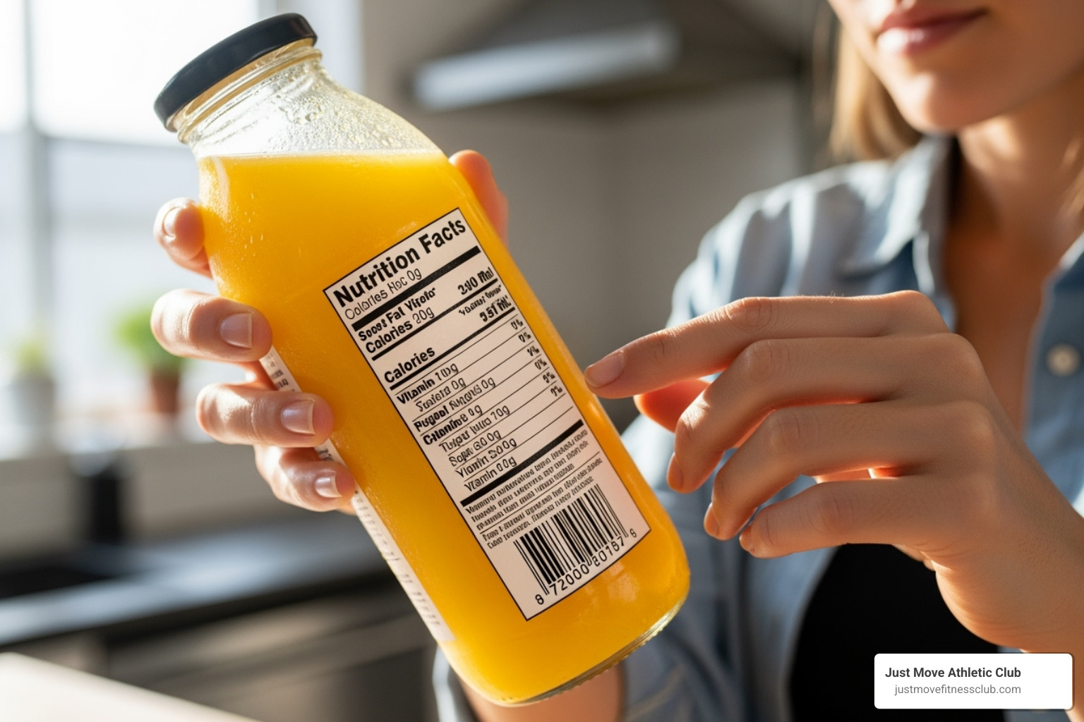 Image of a person reading the nutrition label on a bottle of fresh juice - Fresh pressed juices