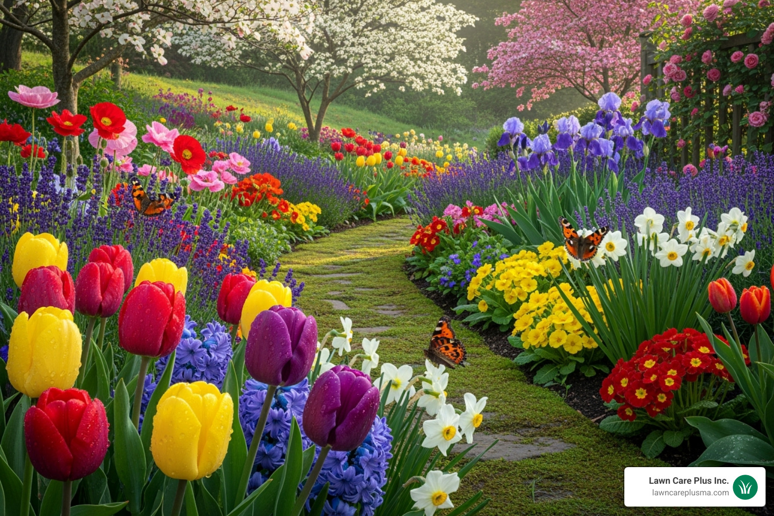 of a vibrant spring garden with blooming flowers - garden clean up service