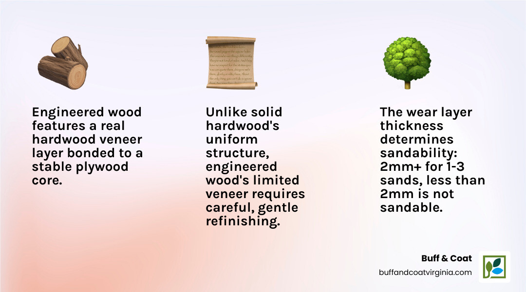 Infographic showing engineered wood floor construction with labeled layers: protective finish on top, hardwood veneer wear layer in middle, and plywood core base, compared to solid hardwood construction showing uniform wood throughout - engineered wood sanding infographic 3_facts_emoji_light-gradient Infographic showing engineered wood floor construction with labeled layers: protective finish on top, hardwood veneer wear layer in middle, and plywood core base, compared to solid hardwood construction showing uniform wood throughout - engineered wood sanding infographic 3_facts_emoji_light-gradient