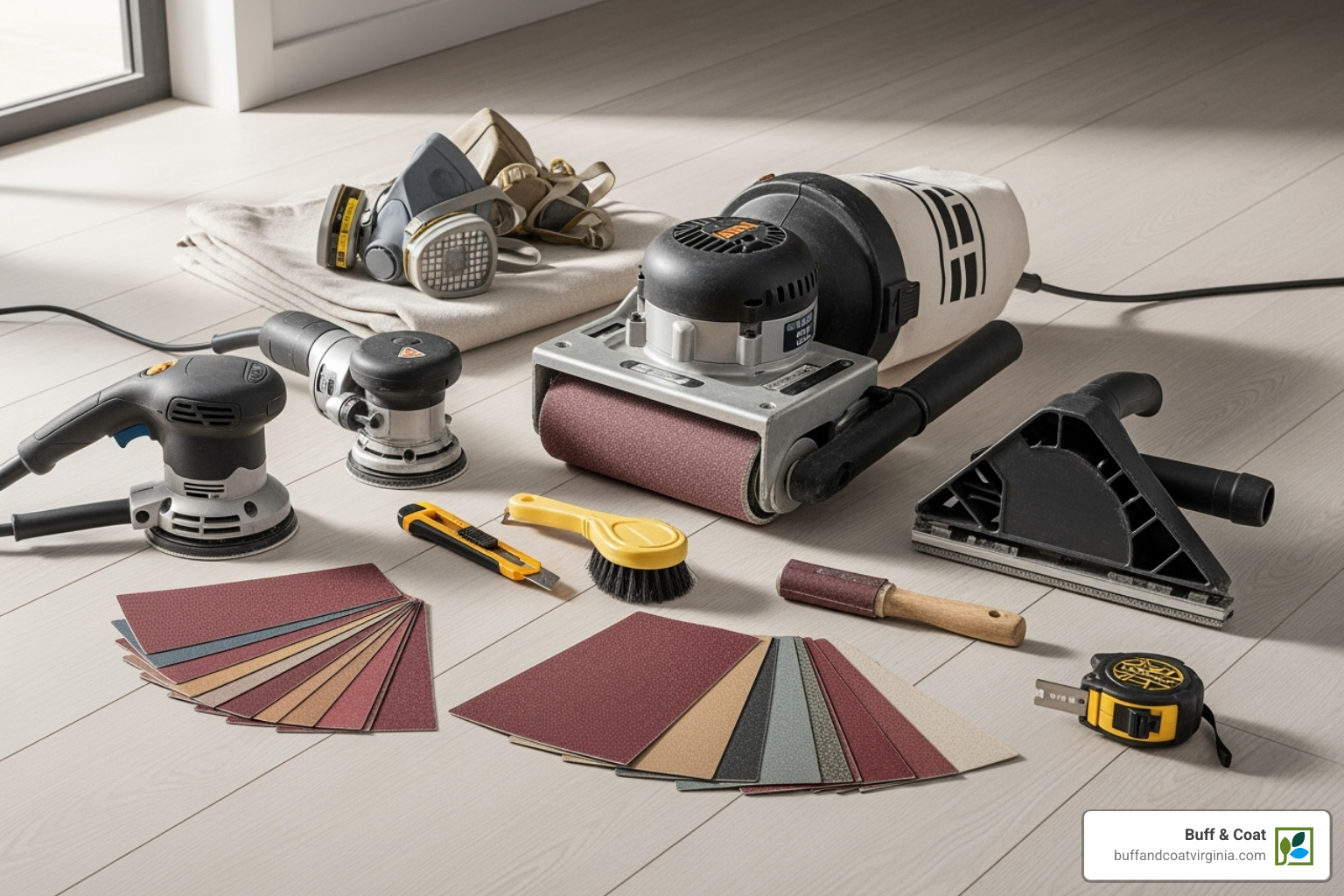 various floor sanding tools laid out neatly - engineered wood sanding various floor sanding tools laid out neatly - engineered wood sanding