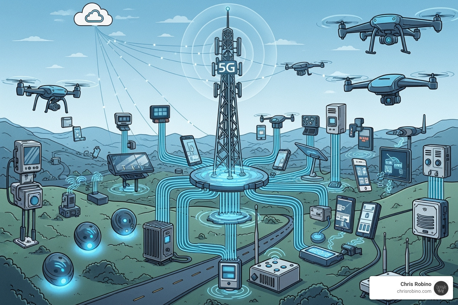 Illustration of a network of interconnected devices at the edge, including smart sensors, drones, and mobile devices, processing data locally with a 5G tower in the background and a cloud icon in the distance, emphasizing distributed computing - technology trends for business Illustration of a network of interconnected devices at the edge, including smart sensors, drones, and mobile devices, processing data locally with a 5G tower in the background and a cloud icon in the distance, emphasizing distributed computing - technology trends for business