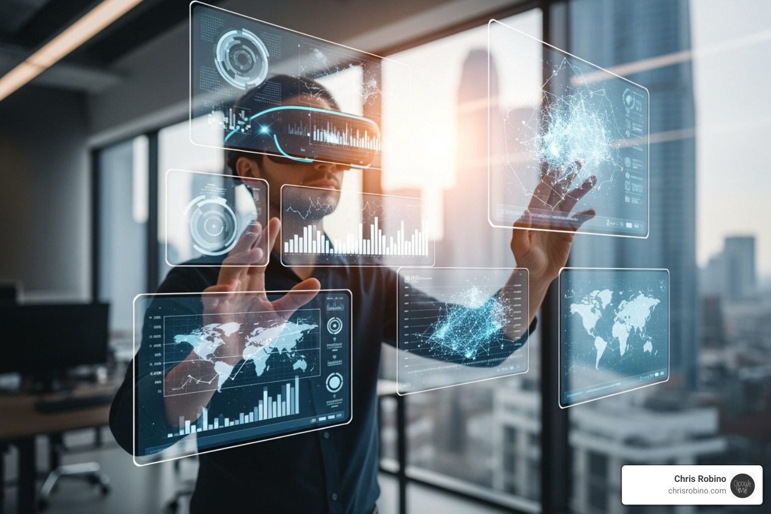 A person wearing a sleek AR headset, interacting with holographic data visualizations projected into a modern office environment, demonstrating spatial computing and human-computer synergy - technology trends for business A person wearing a sleek AR headset, interacting with holographic data visualizations projected into a modern office environment, demonstrating spatial computing and human-computer synergy - technology trends for business