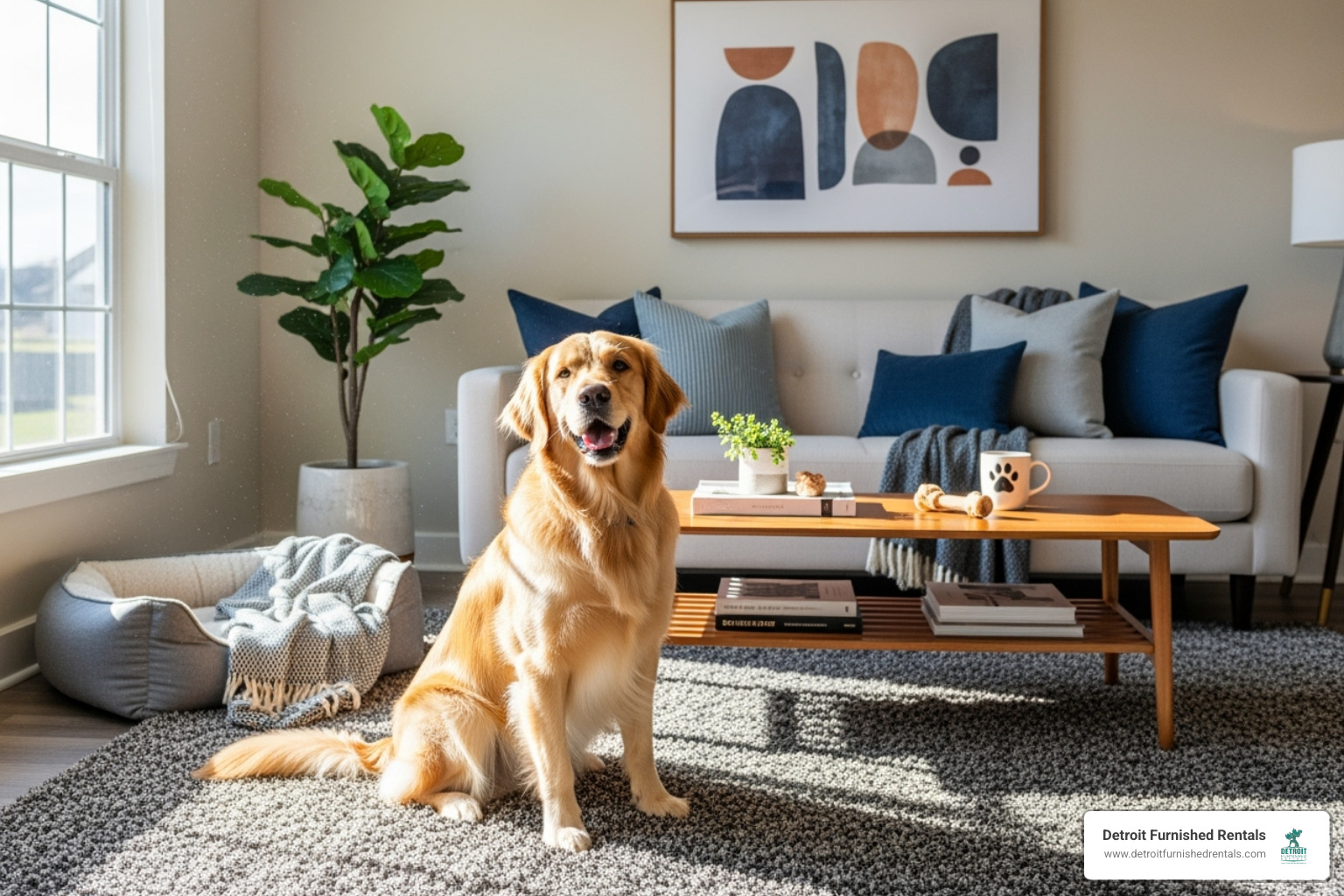 happy dog in a pet-friendly apartment - furnished apartments midtown detroit