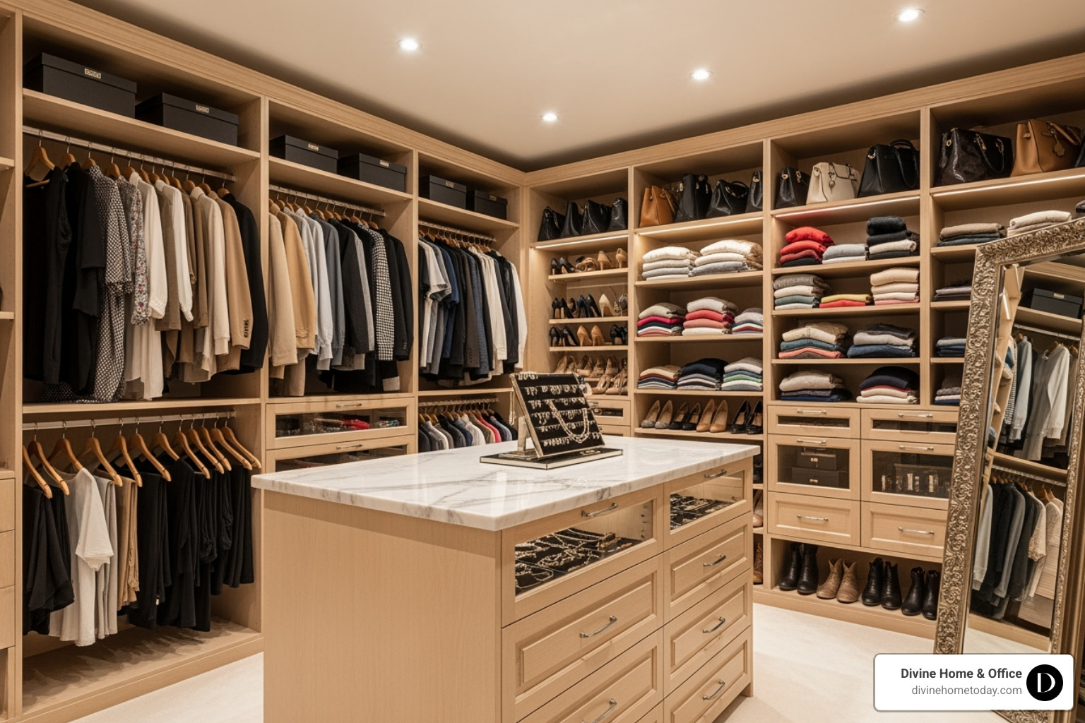 A neatly organized closet showing ample storage space, with clothes color-coordinated and accessories neatly placed on shelves - staging homes for sale