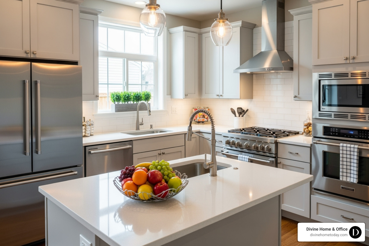 A stunning online real estate photo of a staged kitchen, bright and inviting with a bowl of fresh fruit on the counter and modern appliances - staging homes for sale