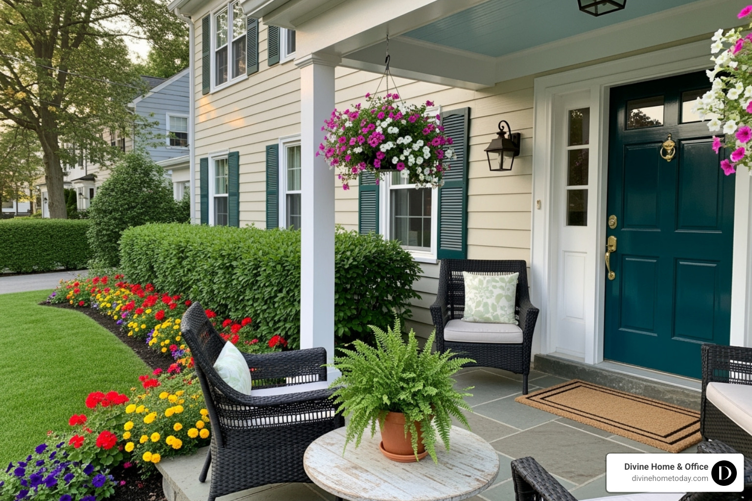 A home exterior with excellent curb appeal, featuring manicured landscaping, a freshly painted front door, and inviting porch decor - staging homes for sale