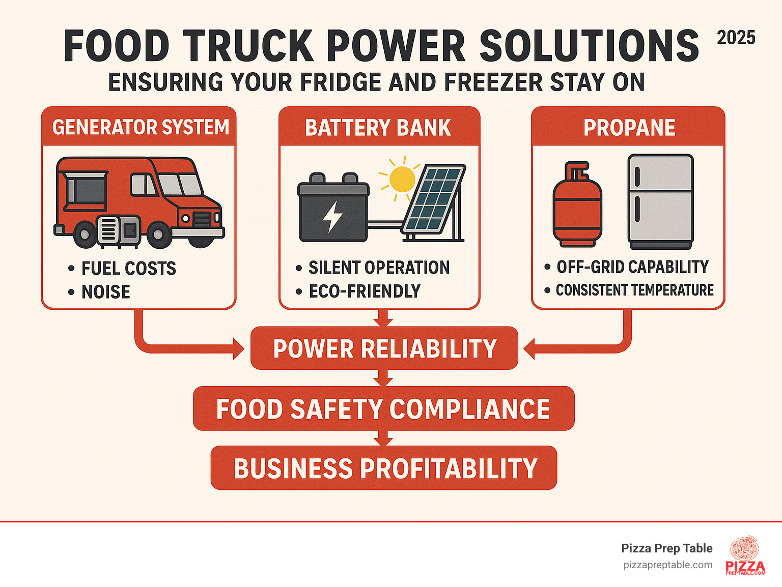 Comprehensive infographic showing three power source options for food truck refrigeration: Generator system with AC refrigerator showing fuel costs and noise levels, Battery bank with solar panels and 12V DC fridge displaying silent operation and eco-friendly benefits, and Propane refrigeration system highlighting off-grid capability and consistent temperature control, with arrows connecting power reliability to food safety compliance and business profitability - food truck fridge and freezer infographic  Comprehensive infographic showing three power source options for food truck refrigeration: Generator system with AC refrigerator showing fuel costs and noise levels, Battery bank with solar panels and 12V DC fridge displaying silent operation and eco-friendly benefits, and Propane refrigeration system highlighting off-grid capability and consistent temperature control, with arrows connecting power reliability to food safety compliance and business profitability - food truck fridge and freezer infographic