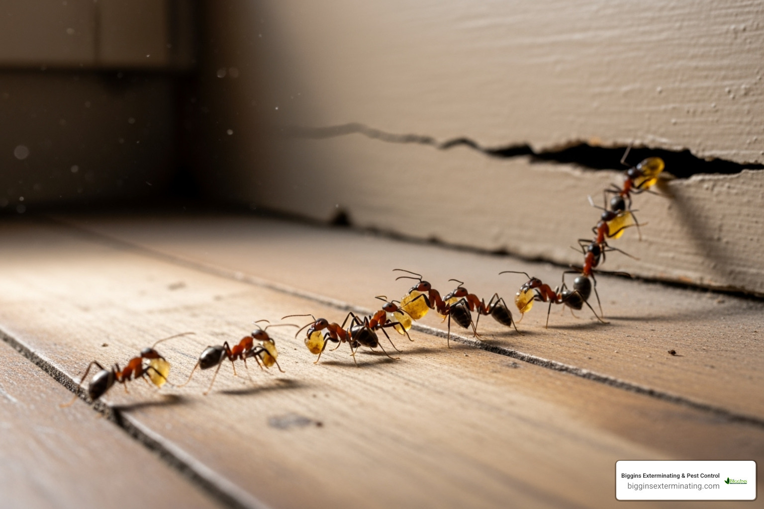 a line of carpenter ants carrying bait back towards a crack in a wall - carpenter ant baits