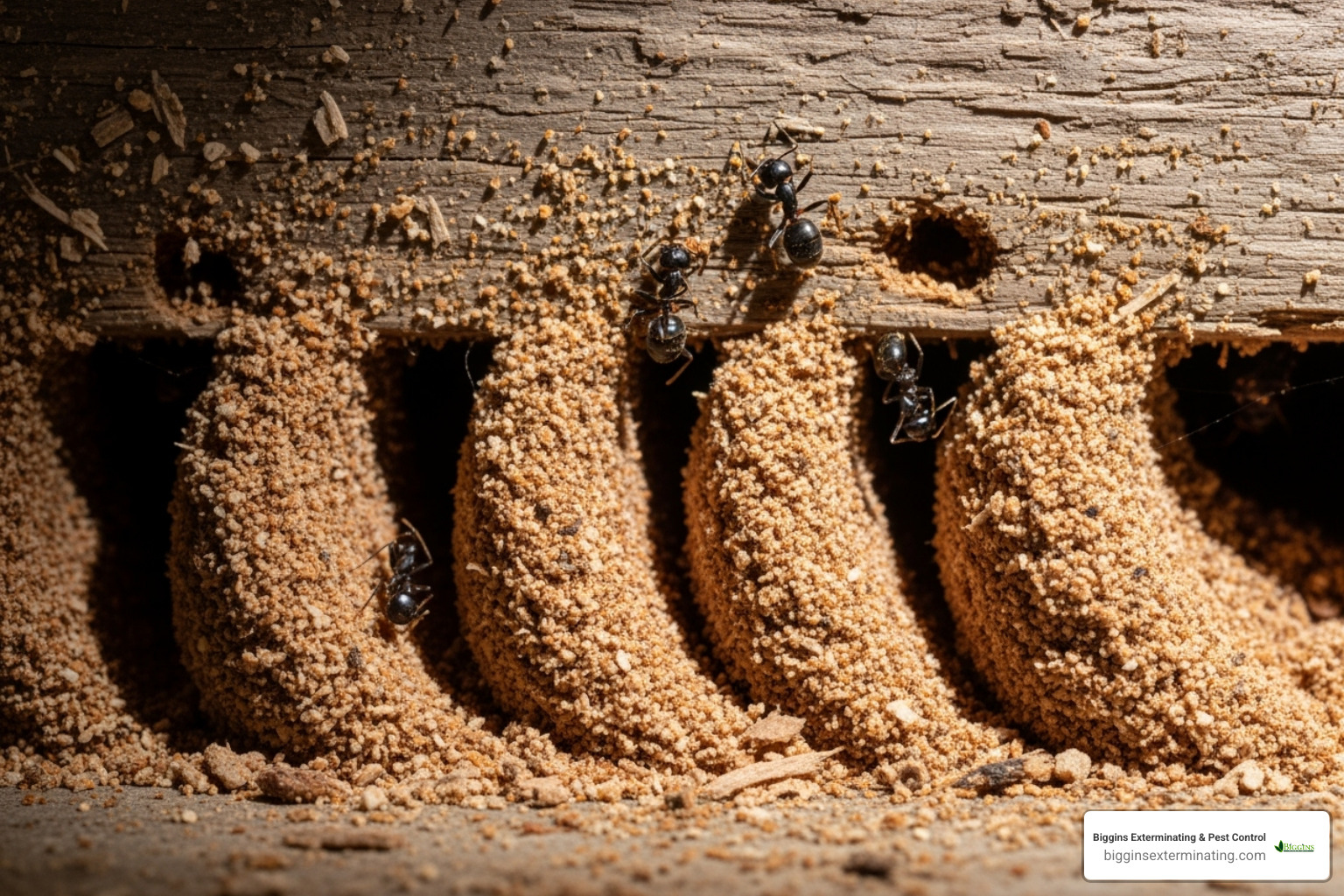 frass (sawdust-like shavings) at the base of a wooden structure - carpenter ant baits