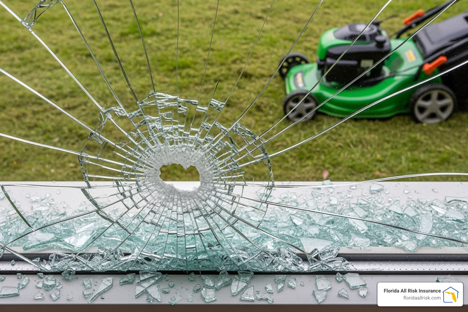A close-up image of a broken window with a lawnmower and scattered debris nearby, illustrating the aftermath of an accidental property damage incident during lawn care operations. - lawn care business liability insurance