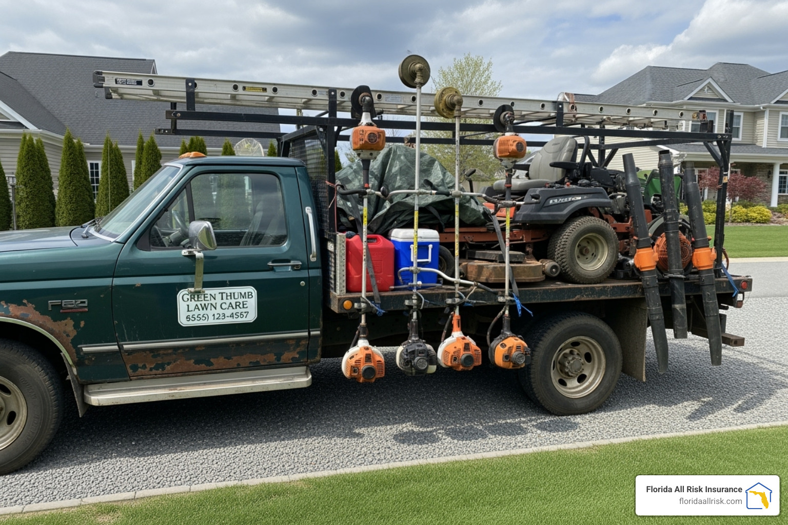 A rugged work truck loaded with various lawn care equipment, including mowers, trimmers, and blowers, parked at a job site, symbolizing the mobile and equipment-intensive nature of a lawn care business. - lawn care business liability insurance