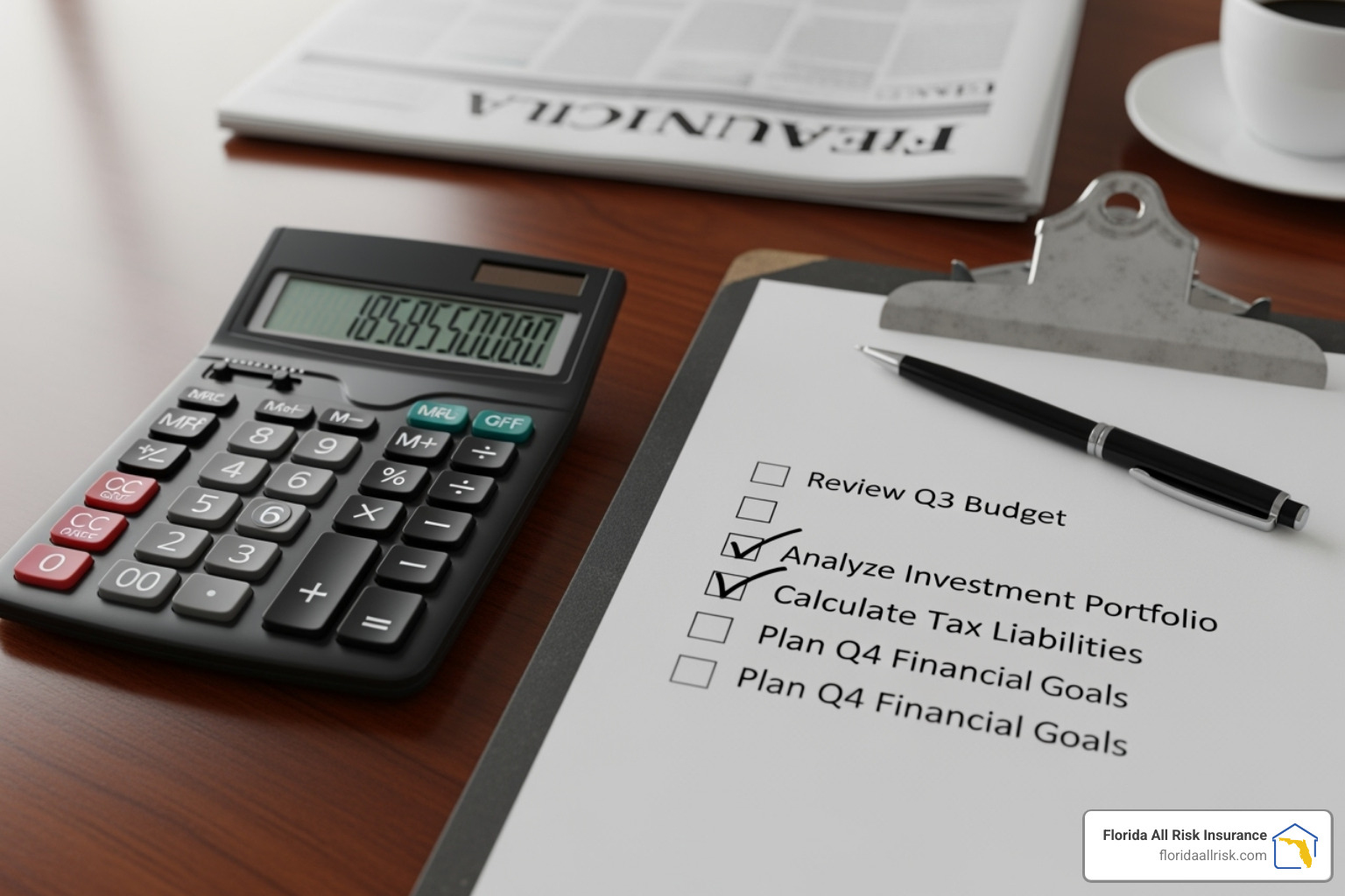 A calculator and a clipboard with a checklist are prominently displayed on a desk, symbolizing the careful calculation and detailed planning involved in determining insurance costs for a business. - lawn care business liability insurance