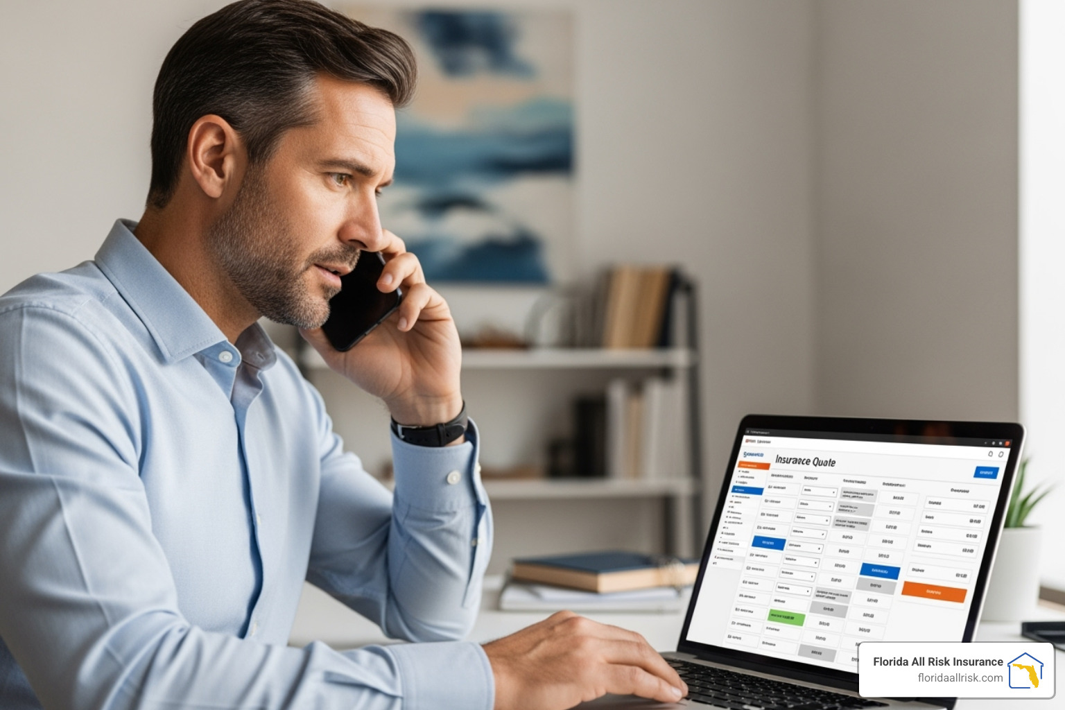 A business owner is on a phone call, looking at their laptop screen which displays an insurance quote page, representing the process of obtaining and comparing insurance policies. - lawn care business liability insurance